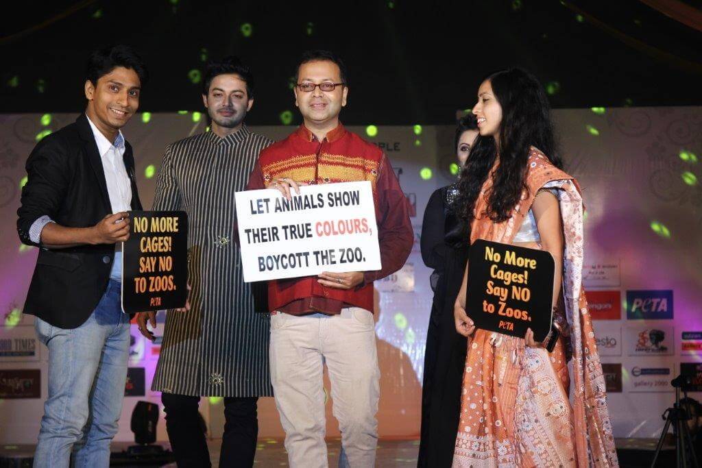 Along with the designer, PETA representatives Sachin Bangera and Shambhavi Tiwari walk the runway for animals.