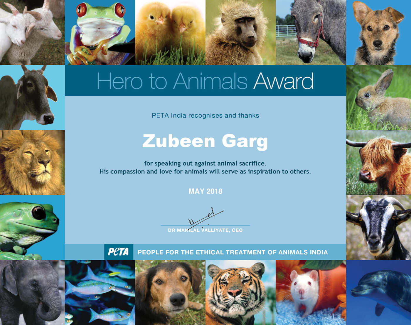 PETA India Honours Zubeen Garg for Speaking Out Against Animal Sacrifice