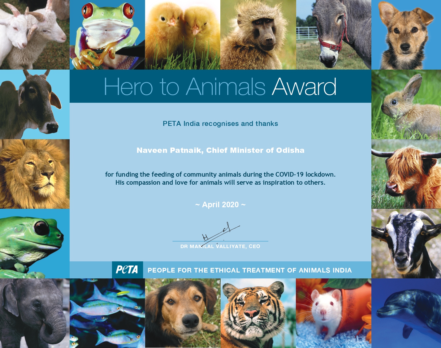 Odisha CM awarded by PETA India