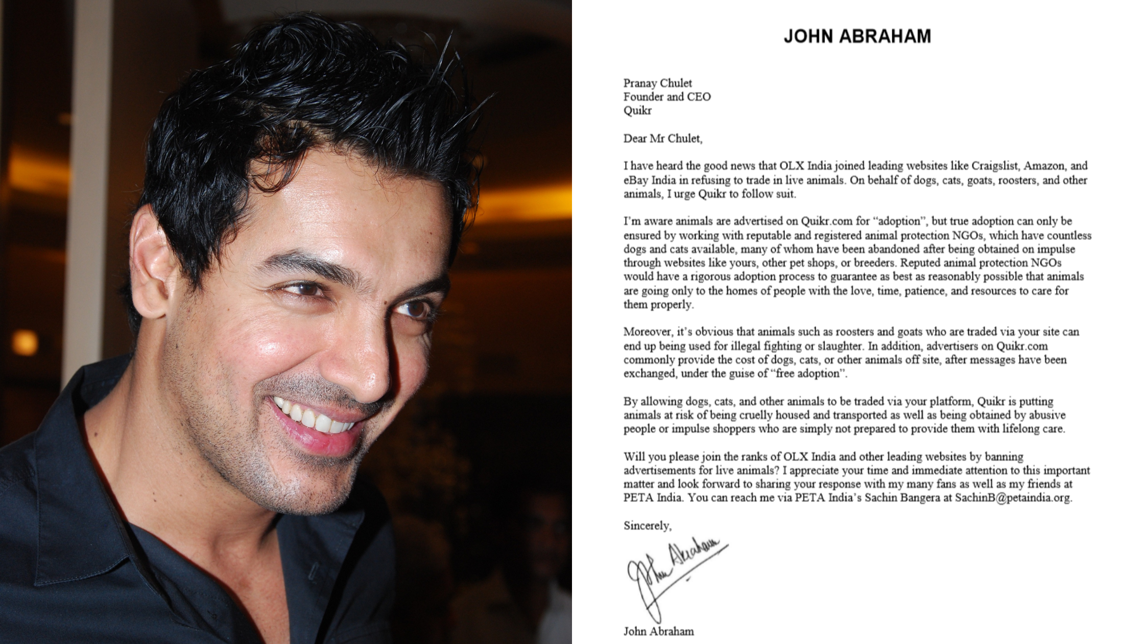 PETA India Pal John Abraham Tells Quikr, 'Stop Live-Animal Ads!' - Blog - PETA India PETA India Pal John Abraham Tells Quikr, 'Stop Live-Animal Ads!' - Blog - PETA India