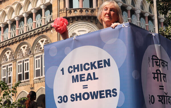 PETA India Founder Takes Public Shower to Show Meat’s Devastating Role in Drought