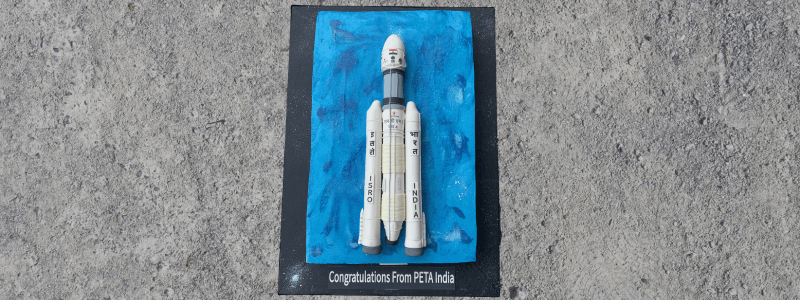 Untitled design 2023 08 25T184049.827 PETA India Delivers Rocket-Shaped Vegan Cake to Indian Space Research Organisation in Celebration of Historic First South Pole Moon Landing - Blog