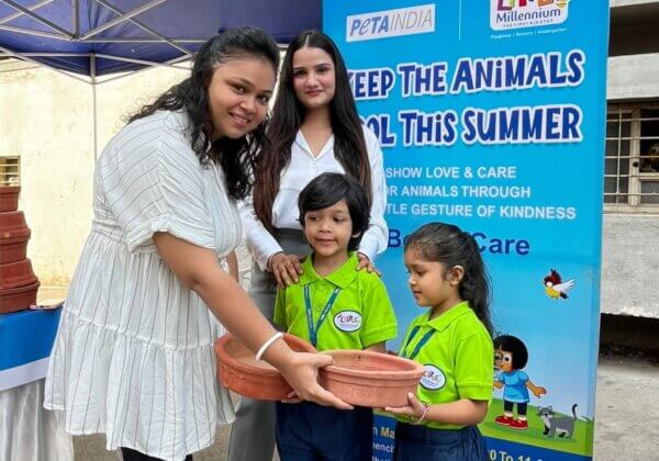 ‘लिटिल मिलेनियम स्कूल’ के बच्चे ने PETA इंडिया के साथ मिलकर पशुओं के मुखौटे पहनकर सामुदायिक पशुओं के लिए पानी के कटोरे वितरित किए