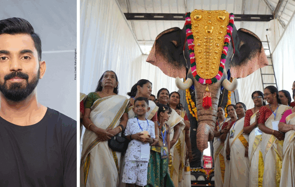 क्रिकेटर केएल राहुल और PETA इंडिया ने गुरुवायूर के पास पद्मनाभपुरम महाविष्णु मंदिर को विशालकाय मकैनिकल हाथी भेंट किया